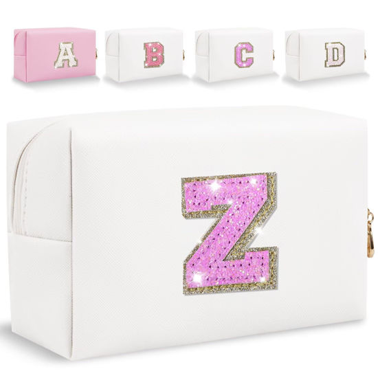 Picture of Glitter Initial Letter Makeup Bag, Small Personalized Sequins Letters PU Leather Cosmetic Bag Portable Waterproof Makeup Zipper Pouch, Shine Handbag Organizer Travel Bag Gifts for Women&Girls(White-Z)