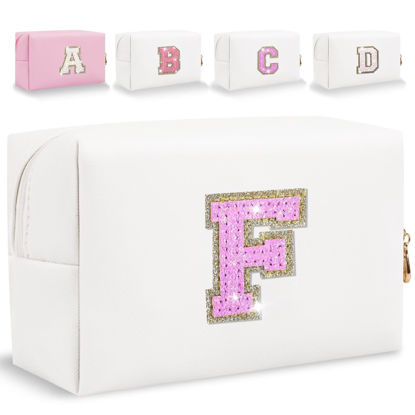 Picture of Glitter Initial Letter Makeup Bag, Small Personalized Sequins Letters PU Leather Cosmetic Bag Portable Waterproof Makeup Zipper Pouch, Shine Handbag Organizer Travel Bag Gifts for Women&Girls(White-F)