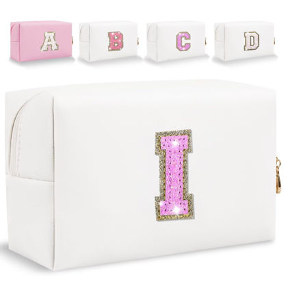 Picture of Glitter Initial Letter Makeup Bag, Small Personalized Sequins Letters PU Leather Cosmetic Bag Portable Waterproof Makeup Zipper Pouch, Shine Handbag Organizer Travel Bag Gifts for Women&Girls(White-I)
