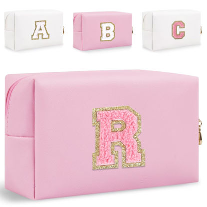 Picture of Small Personalized Initial Letter Makeup Bag, Cute Waterproof PU Leather Chenille Letter Cosmetic Bag Travel Makeup Bag, Preppy Makeup Pouch Toiletry Zipper Pouch Organizer for Women and Girls(Pink-R