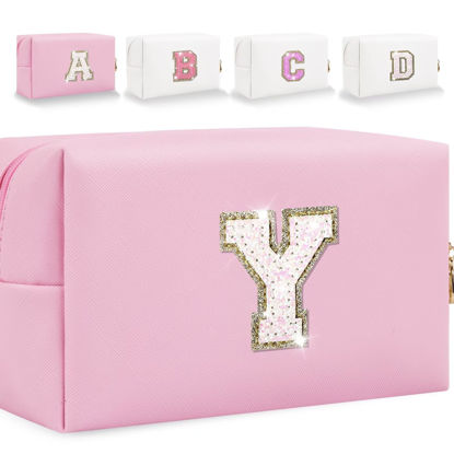 Picture of Glitter Initial Letter Makeup Bag, Small Personalized Sequins Letters PU Leather Cosmetic Bag Portable Waterproof Makeup Zipper Pouch, Shine Handbag Organizer Travel Bag Gifts for Women&Girls(Pink-Y)