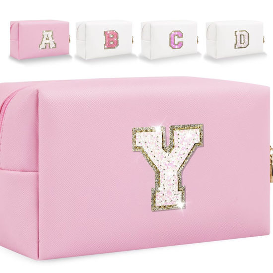 Picture of Glitter Initial Letter Makeup Bag, Small Personalized Sequins Letters PU Leather Cosmetic Bag Portable Waterproof Makeup Zipper Pouch, Shine Handbag Organizer Travel Bag Gifts for Women&Girls(Pink-Y)