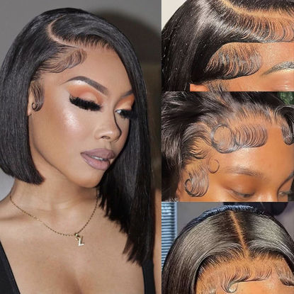 Picture of Duchess Bob Wig Human Hair 13x4 HD Transparent Lace Front Wigs 180% Density Frontal Lace Wigs Human Hair Straight Bob Lace Frontal Wigs Pre Plucked with Baby Hair 16inch