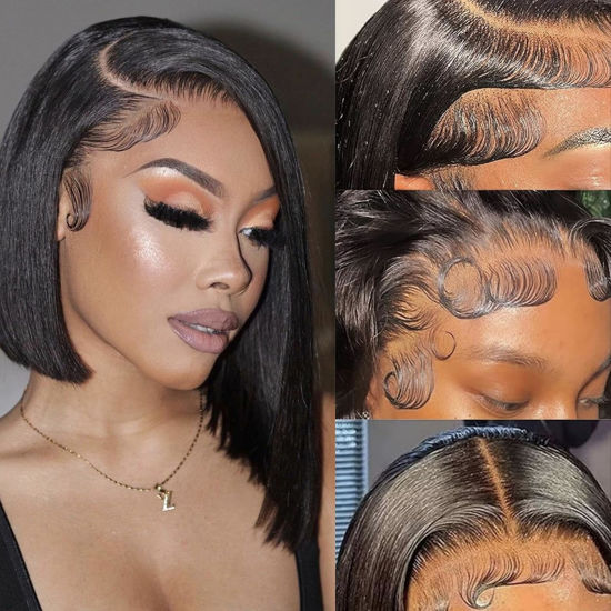 Picture of Duchess Bob Wig Human Hair 13x4 HD Transparent Lace Front Wigs 180% Density Frontal Lace Wigs Human Hair Straight Bob Lace Frontal Wigs Pre Plucked with Baby Hair 16inch