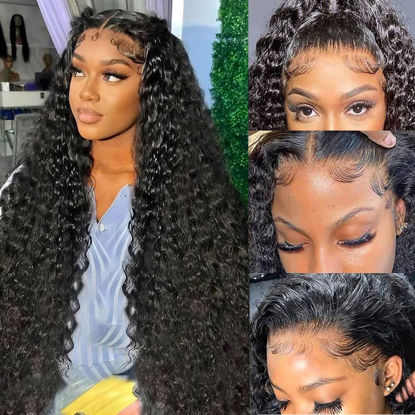 Picture of Kdmidun 28 Inch 13x6 Deep Wave Lace Front Wigs Human Hair Pre Plucked 200% Density 13x6 HD Transparent Lace Frontal Curly Wigs Human Hair Glueless Deep Curly Human Hair Wigs For Women Natural Black
