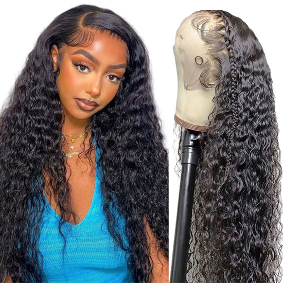 Picture of Qangelabeauty 180% Density Deep Wave Lace Front Wigs Human Hair 13x4 Deep Wave Frontal Wig Curly Wigs for Women Pre Plucked with Baby Hair HD Transparent Lace Front Wigs(13x4 deep wave wig,20 Inch)