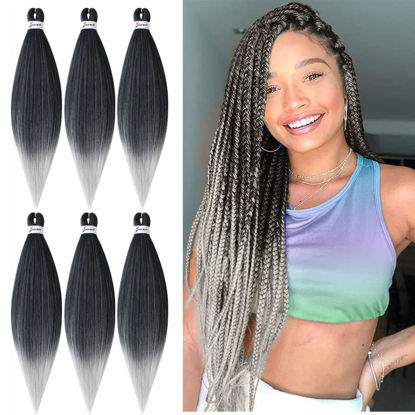 Picture of Xiaofeng 6 Packs Pre Stretched Braiding Hair Extension 26 Inch Long Professional Pre-stretched Hair for Braiding Twist Braids Itch Free Yaki Straight Synthetic Hair for Women Ombre Black to Gray