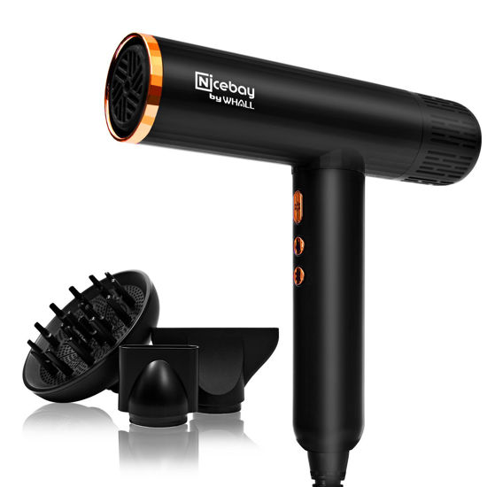 Picture of Nicebay Ionic Hair Dryer, Professional Blow Dryer with 3 Attachments, 110000RPM High-Speed Brushless Motor for Fast Drying, Lightweight, Low Noise, 1600W Hairdryer with Diffuser