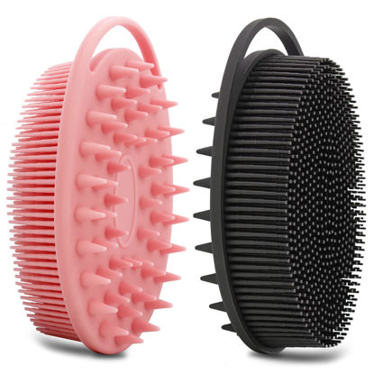 Picture of 2 Pack Silicone Body Scrubber, Silicone Loofah Double-Sided Body Brush,Silicone Shower Scrubber and Scalp Massager Shampoo Brush for Sensitive Kids Women Men All Kinds of Skin (Black & Pink)