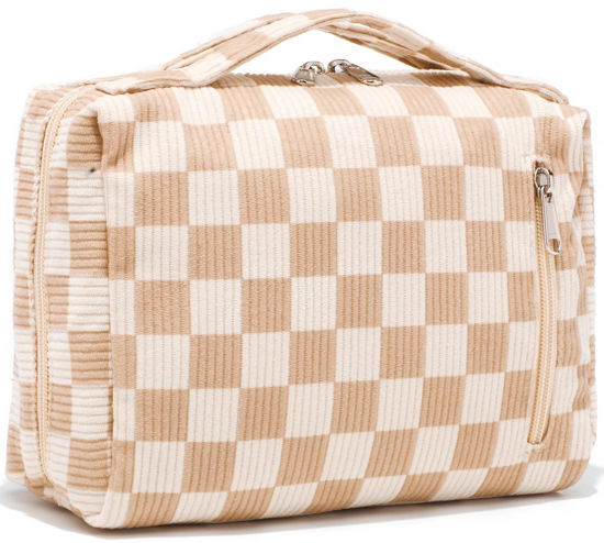Picture of Bluboon Makeup Bag Zipper Pouch Travel Portable Cosmetic Bag Organizer for Women and Girls(Corduroy Checkered Brown)