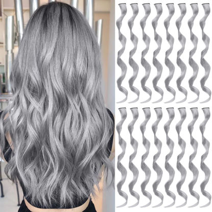 Picture of TOFAFA 16 Pcs Colored Hair Extensions Curly Wavy Clip in Synthetic Hair Extensions,Colorful Party Highlights Hairpiece Streak for Girls Women Kids (Grey)