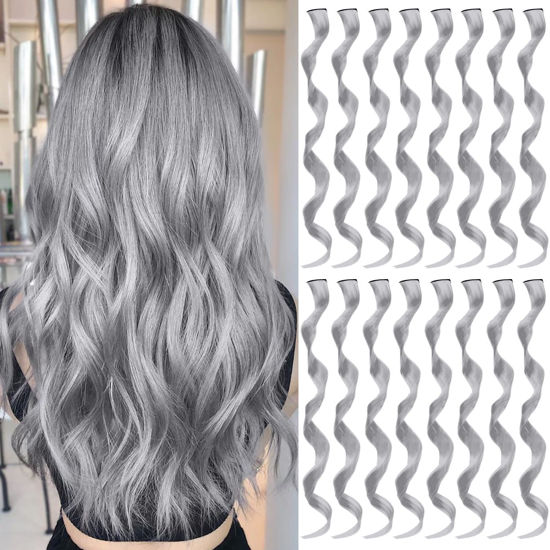 Picture of TOFAFA 16 Pcs Colored Hair Extensions Curly Wavy Clip in Synthetic Hair Extensions,Colorful Party Highlights Hairpiece Streak for Girls Women Kids (Grey)