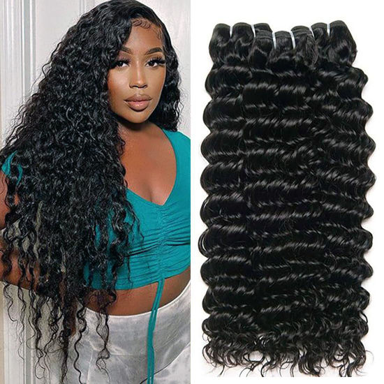 Picture of Deep Wave Bundles Human Hair 18 20 22 Inch Deep Curly 3 Bundles 12A Grade 100% Unprocessed Brazilian Virgin Hair Bundles Wet and Wavy Bundles Double Weft Deep Wave Natural Black Color