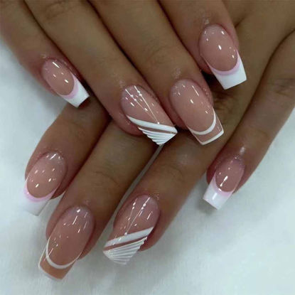 Picture of Foccna Pink French Press on Nails Medium, White Fake Nails Square Acrylic False Pink Nails,French Artificial Nails for Women and Girls,24 pcs