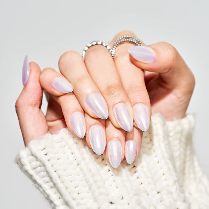 Picture of Chrome Handmade Gel Nails Stiletto Fake Nails with Design, Donut Stick Glue on Nails for Women, Reusable Acrylic Daily Pure Natural False Nail Kits