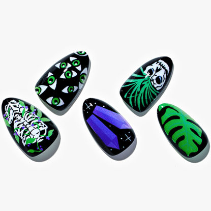 Picture of GLAMERMAID Black Press on Nails Short Almond, Winter Dark Green Gothic Fake Nails Medium, Gothic Oval False Nail Kits with Skull Ghost Design, Stick Reusable Oval Emo Nails for Women Gift