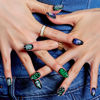Picture of GLAMERMAID Black Press on Nails Short Almond, Winter Dark Green Gothic Fake Nails Medium, Gothic Oval False Nail Kits with Skull Ghost Design, Stick Reusable Oval Emo Nails for Women Gift
