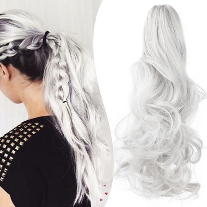 Picture of Mitrygreen Claw Clip Ponytail Extension 18" Clip in Wavy Ponytail Hair Extensions Long Pony Tails for Women Extensions Silver Grey Wave Hairpiece