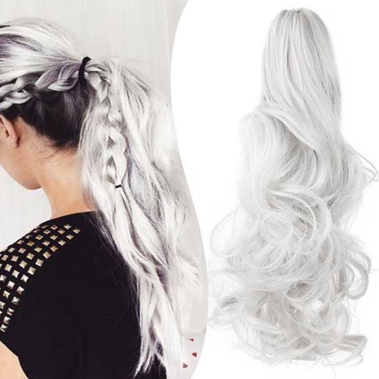 Picture of Mitrygreen Claw Clip Ponytail Extension 18" Clip in Wavy Ponytail Hair Extensions Long Pony Tails for Women Extensions Silver Grey Wave Hairpiece