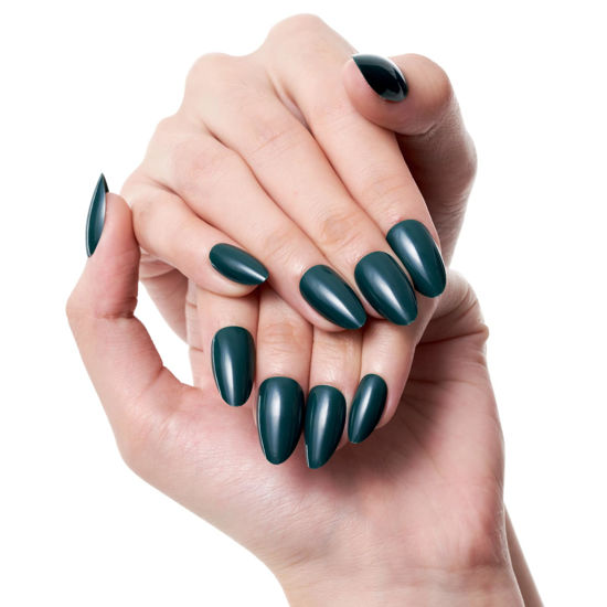Picture of GLAMERMAID Dark Green Press On Nails Short Almond, Christmas Handmade Soft Jelly Gel Nail Manicure Kits Round Fake Nails, Deep Green Stick Glue on Nails for Women, Reusable Round Oval False Nail Kit