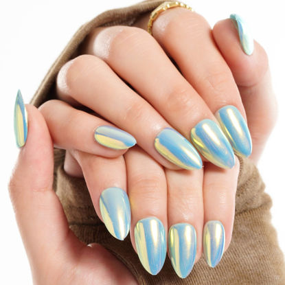 Picture of GLAMERMAID Press on Nails Short Almond, Light Blue Chrome Fake Nails Pure Stiletto, Donut Mirror Powder Handmade Glossy Gel Stick Glue on Nails Tips for Women, Reusable Acrylic Daily False Nail Kits