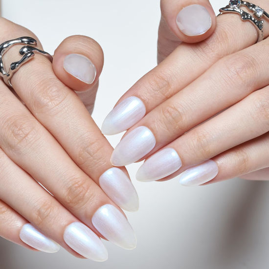Picture of GLAMERMAID Pure White Press on Nails Short Almond, Glazed Medium Fake Nails Handmade Soft Jelly Gel, Donut Chrome Stiletto Glue on Nails, Glitter Oval Acrylic False Nails Stick on Nails Kit for Women