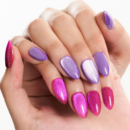 Picture of GLAMERMAID Purple Pink Cat Eyes Press on Nails Short Almond, Ombre Magnet Handmade Jelly Gel Fake Nail Kit, Glitter Magnetic Stick Glue on Nail Stiletto, Grape Aurora Medium Oval False Nail for Women