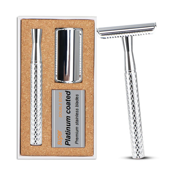 Picture of THURLADY Double Edge Safety Razor for Men, Single Blade Razors for Men, Reusable 1 Blade Razors for Men, Metal Double Edge Razor with 5 Safety Razor Blades, Close and Smooth Shave, Bright Silver
