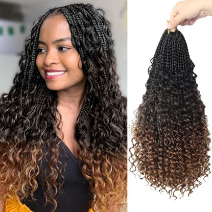 Picture of Boho Box Braids Crochet Hair 16 Inch Goddess Braids Crochet Hair Pre Looped Boho Crochet Braids with Curly Ends, Bohemian Box Crochet Braids for Black Women Knotless Synthetic Hair Extensions(1B-4-30)
