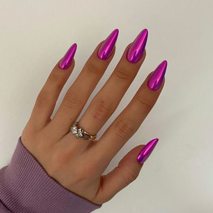 Picture of Purple Chrome Press on Nails Medium Almond,KQueenest Mirror Metal Stiletto Fake Acrylic Nails with Bling Design, Reusable Glue on Nails for Daily Party Wear, False Nails Press ons in24 PCS