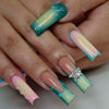 Picture of RUOKEXIN Long Square Press on Nails Green Ombre French Fake Nails Pink Ombre False Nails with 3D Star Designs Long Square Nail Press ons Sparkly Glue on Nails Cute Stick on Nails for Women 24Pcs