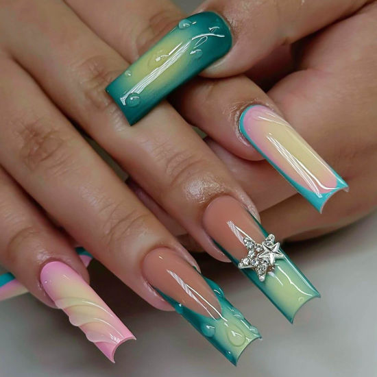 Picture of RUOKEXIN Long Square Press on Nails Green Ombre French Fake Nails Pink Ombre False Nails with 3D Star Designs Long Square Nail Press ons Sparkly Glue on Nails Cute Stick on Nails for Women 24Pcs