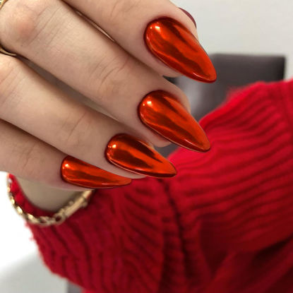 Picture of Bright Red Chrome Press on Nails Medium Almond, KQueenest Mirror Metal Stiletto Fake Acrylic Nails with Bling Design, Medium Glue on Nails for Daily Party Wear, False Nails Press ons in24 PCS