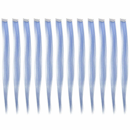 Picture of SWACC 12 Pcs Straight One Color Party Highlights Clip on in Hair Extensions Colored Hair Streak Synthetic Hairpieces (Dull Blue)