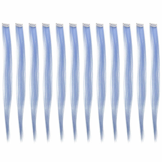 Picture of SWACC 12 Pcs Straight One Color Party Highlights Clip on in Hair Extensions Colored Hair Streak Synthetic Hairpieces (Dull Blue)