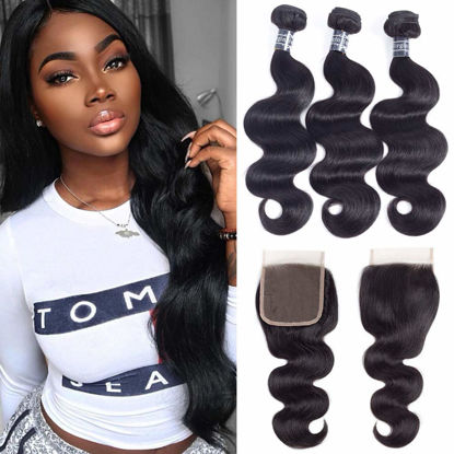 Picture of Amella Hair Brazilian Body Wave with Closure (12 14 16 +12Closure) 3 Bundles of Brazilian Hair with Free Part closure 8A Unprocessed Human Hair Weaves Natural Black