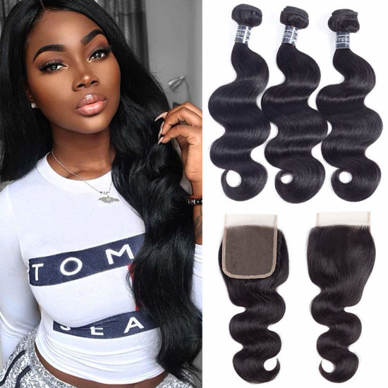 Picture of Amella Hair Brazilian Body Wave with Closure (12 14 16 +12Closure) 3 Bundles of Brazilian Hair with Free Part closure 8A Unprocessed Human Hair Weaves Natural Black
