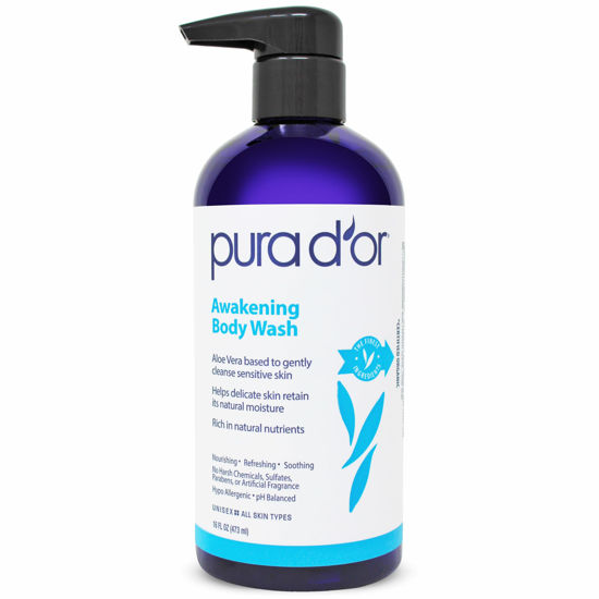 Picture of PURA D'OR Awakening Body Wash (16oz) with Aloe Vera, Chamomile, Lavender, Tea Tree and Natural Nutrients - pH Balanced for Moisturized Soft, Fresh-Feeling Skin, All Skin Types, Men & Women