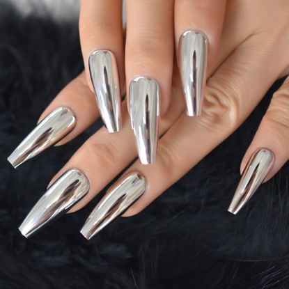Picture of Coolnail Shiny Punk Style Metallic Silver Coffin Press on Nail Extra Long Metal Plating Reflective Mirror False Fake Nails Acrylic Ballet Nail Art Tips