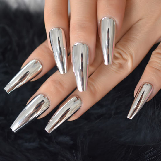 Picture of Coolnail Shiny Punk Style Metallic Silver Coffin Press on Nail Extra Long Metal Plating Reflective Mirror False Fake Nails Acrylic Ballet Nail Art Tips