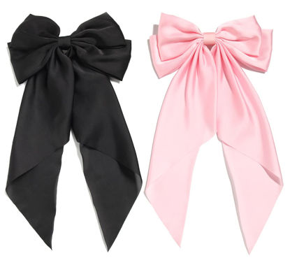 Picture of Hair Bows for Women - Furling Pompoms Large Satin Silky Bow Clips for Hair - Hair Ribbon Bows with Long Tail - Hair Barrettes Hair Accessories (Black Pink)
