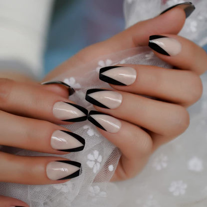 Picture of Coolnail Ballerina Nail Art Tips Beige Nude Black French False Coffin Nails Art Tips Flat Shape Full Cover Manicure Press on Fake Nail