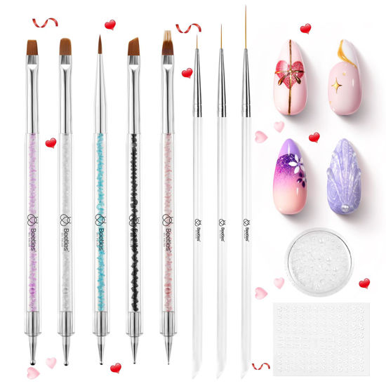 Picture of Beetles Nail Art Brushes, 8pcs Double-headed Nail Art Tool Set, Nail Dotting Tools, Striping Nail Art Brushes for Lines, Nail Drawing Pen with Bow knot Stickers Valentine's Day Gift for Women