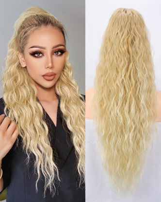 Picture of Rosooi 26 Inch Long Black Drawstring Ponytail Extension for Women Synthetic Long Curly Wavy Clip in Ponytail Hair Extensions for Daily Party Use (26 Inch, T24/613J#)