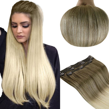Picture of RUNATURE Ombre Hair Extensions Clip in Human Hair Light Brown Rooted Blonde Clip in Hair Extensions Human Hair Ombre Double Weft Straight Clip in Extensions Remy Ombre Hair Extensions 16 Inch 50g 3pcs