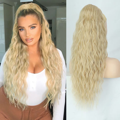 Picture of Rosooi 26 Inch Long Black Drawstring Ponytail Extension for Women Synthetic Long Curly Wavy Clip in Ponytail Hair Extensions for Daily Party Use (26 Inch, Golden Blonde)