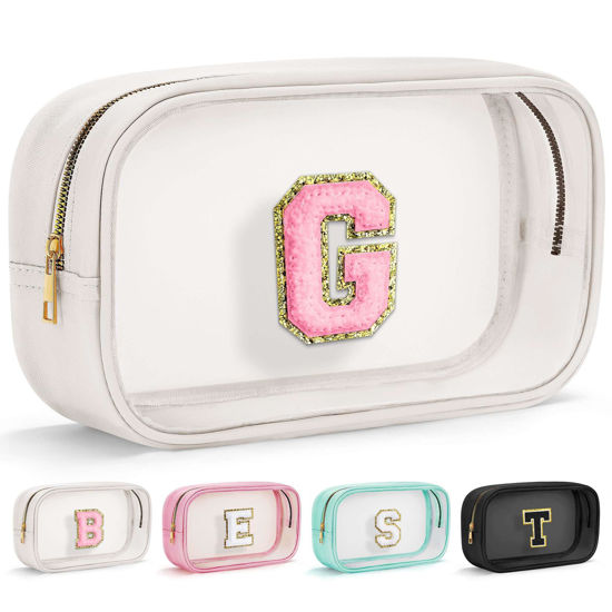 Picture of YOOLIFE Initial Make Up Bag Travel Toiletry Bag, Clear Makeup Bag Preppy Cosmetic Bag Travel Essentials Gifts for Women Teen Girlfriend Teacher Mom Birthday Daughter Gifts Swim Gifts For Girls White G
