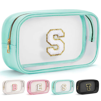 Picture of YOOLIFE Initial Make Up Bag Travel Toiletry Bag, Clear Makeup Bag Preppy Cosmetic Bags Organizer Travel Essentials Gifts for Women Teen Girlfriend Teacher Mom Birthday Mothers Day Gifts Blue S