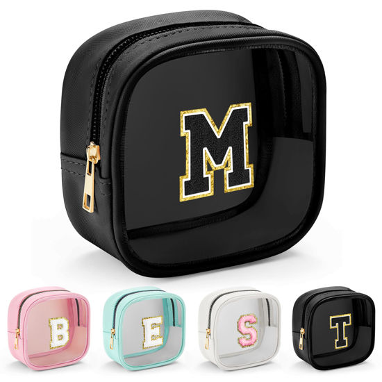 Picture of YOOLIFE Initial Makeup Bag Travel Toiletry Bag, Clear Makeup Bag Car Accessories For Women Clear Makeup Bags With Zipper Girlfriend Teacher 13 Year Old Girl Gifts Daughter Girl Gifts Mini Black M