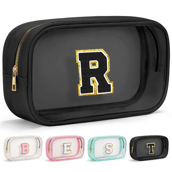 Picture of YOOLIFE Initial Travel Makeup Bag Pouch, Clear Toiletry Bag for Women Travel Accessories Cosmetic Bag Skin Care for Teen Make Up Bags Birthday Gifts for Women Unique Teacher Mom Friends Gifts Black R